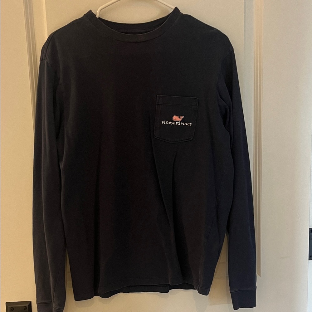 Vineyard Vines Navy Long Sleeve Pocket Tee with Pink Whale